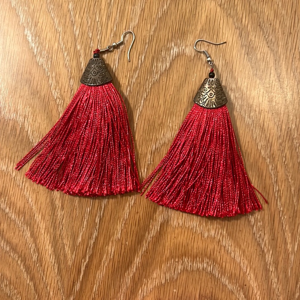 Red Tassel earrings 3inches length used good condition